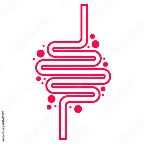 Pink intestine with bubbles. Gut, digestion, digest food, gastrointestinal tract, gastroenterology, bacteria, esophagus, large, small, bloating, colic, gas, poisoning, indigestion, infection. Vector