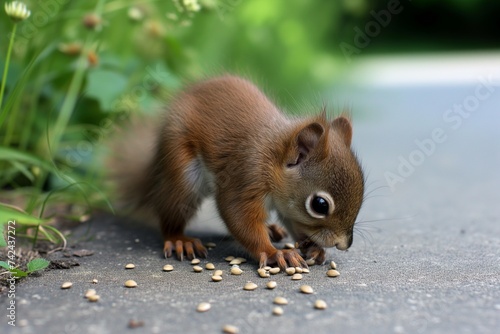 baby squirrel nibbling seed on concrete path photo