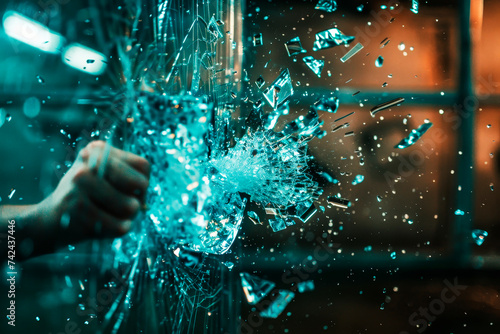 Hand punching through glass, symbolizing breakthrough or shattering barriers.