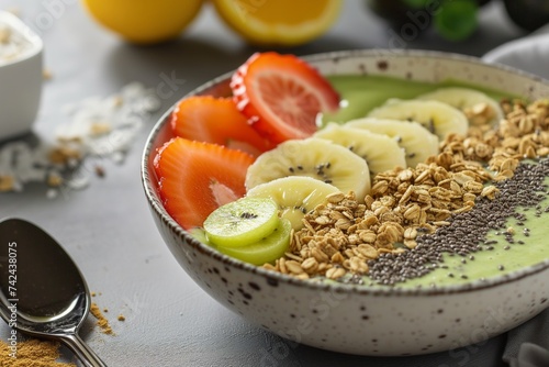 smoothie bowl with granola and sliced fruits