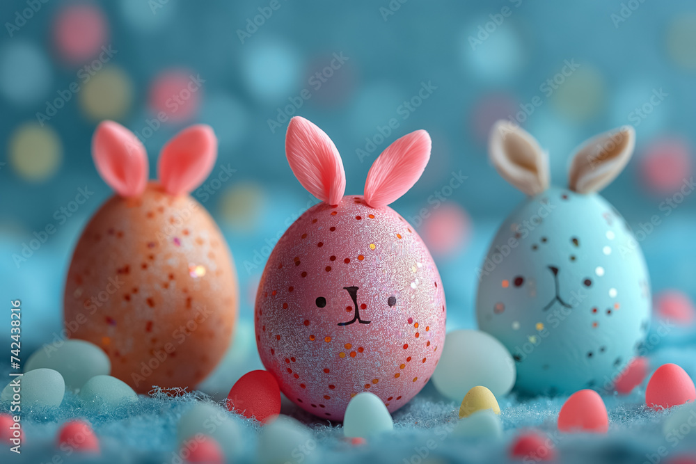 creative Easter eggs with bunny ears on soft blue background. Easter card, Easter background creative Easter eggs with bunny ears on soft blue background. Easter card, Easter background