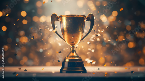 Golden trophy winner cup with blurred background and copy space