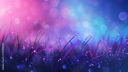 Magical Dew on Grass with Purple Bokeh Background 