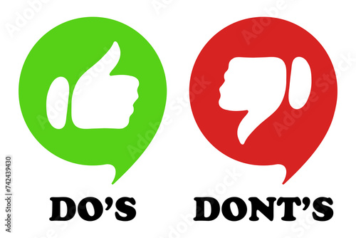 Green and red speech bubbles with do s dont s text and like dislike gestures. Approve, disapprove, correct actions, incorrect fail advice, tips, right, advise, avoid mistakes, lifehack, wrong. Vector photo