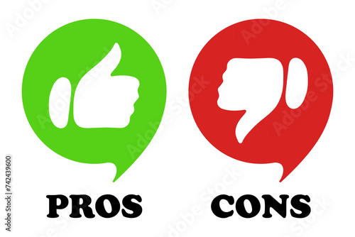 Green and red speech bubbles with pros cons text and like dislike gestures. Approve, disapprove, correct actions, incorrect, fail, advice, tips, right, advise, avoid mistakes, lifehack, wrong. Vector