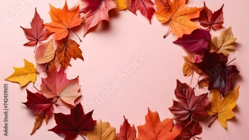 Autumn leaves frame on pink background