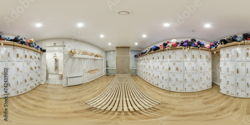 Obraz na płótnie full seamless spherical hdri 360 panorama view in small locker room and wardrobe