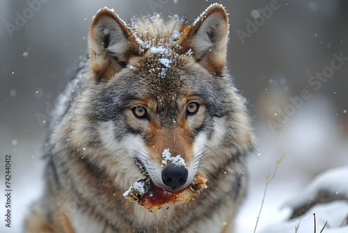 Wolf Eating Food in Snow © D