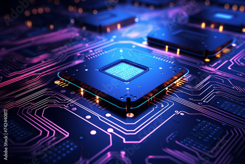 A close-up image of a glowing central processing unit (CPU) on a complex blue circuit board with electronic details..