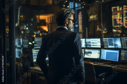 A businessman in a suit attentively reviews complex data across several monitors in a dark  modern office.