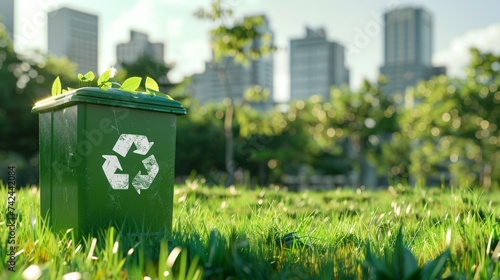 Recycling bin on green city background.Recycle concept.