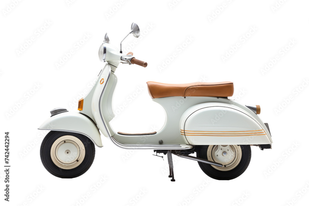 A white scooter with a brown seat parked. on a White or Clear Surface PNG Transparent Background.