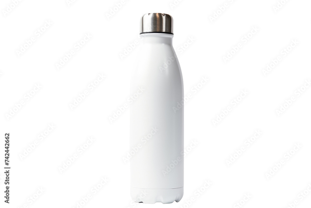 A white water bottle with a silver lid sitting on a table. on a White or Clear Surface PNG Transparent Background. A white water bottle with a silver lid sitting on a table. on a White or Clear Surface PNG Transparent Background.