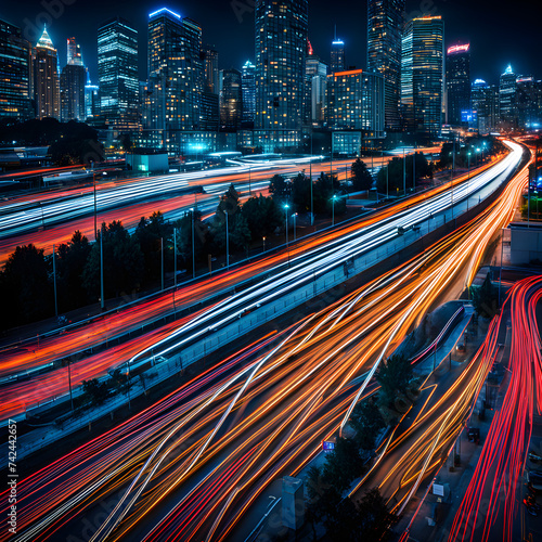 Long exposure traffic flow  city night scene  curved colored lights  logistics technology feel 