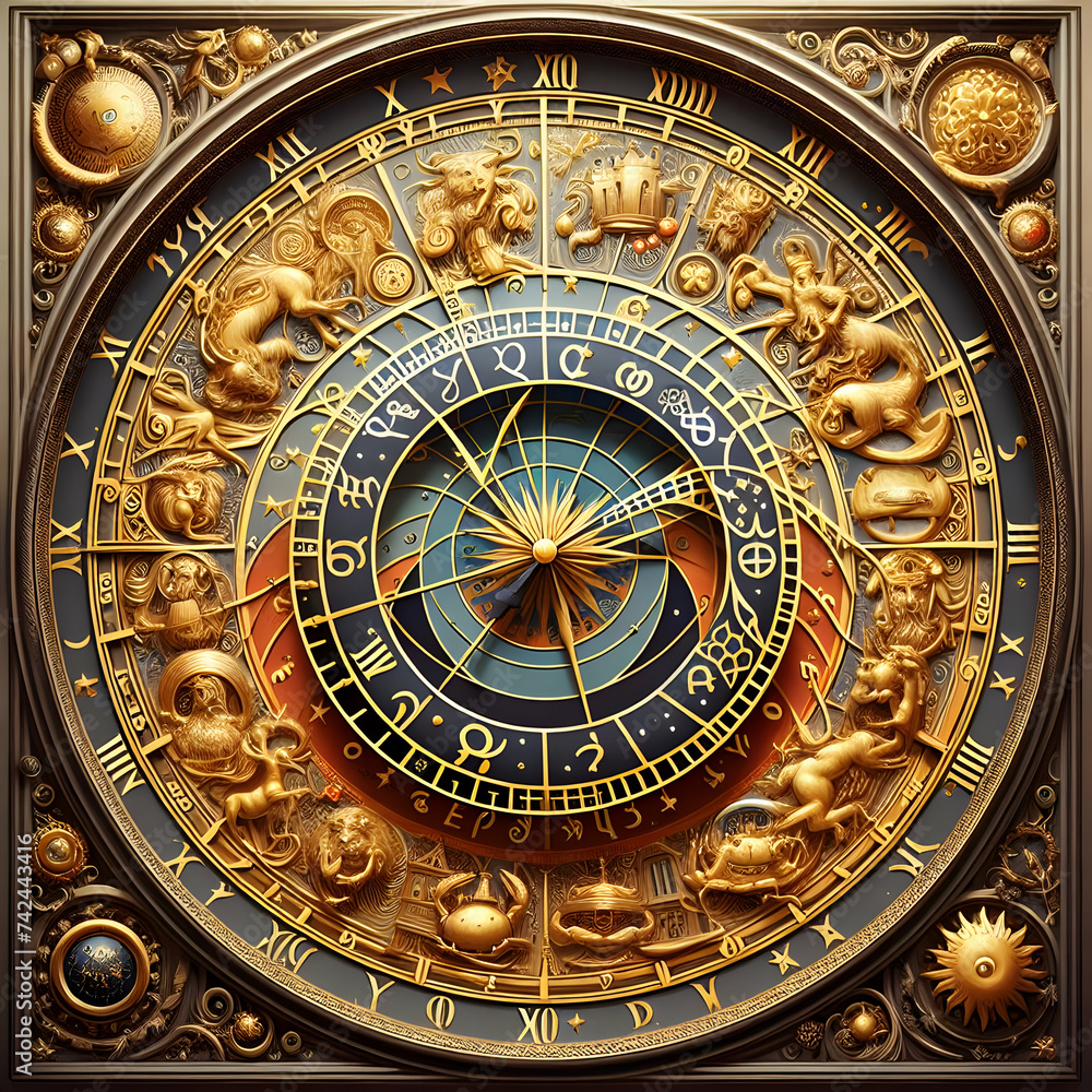 astronomical clock. astronomical, architecture, time, old, prague, zodiac, church, art, astrology, tower, ancient, europe, gold, venice, astronomy,Ai generated 