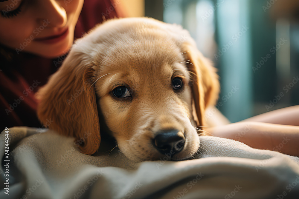 A compassionate veterinarian in scrubs gently cradles a young Golden Retriever puppy during a check-up.. A compassionate veterinarian in scrubs gently cradles a young Golden Retriever puppy during a check-up..