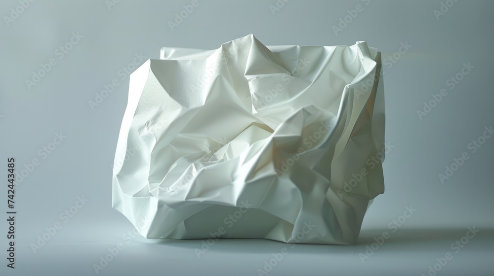 abstract white sculpture made of paper or plaster rests on a wooden table against a white wall