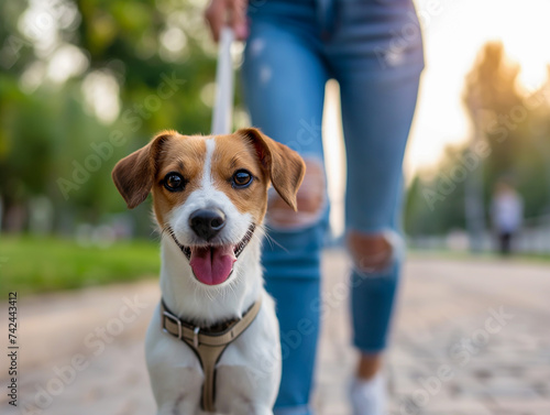 walking the dog Jack russel terrier running near her owner legs 