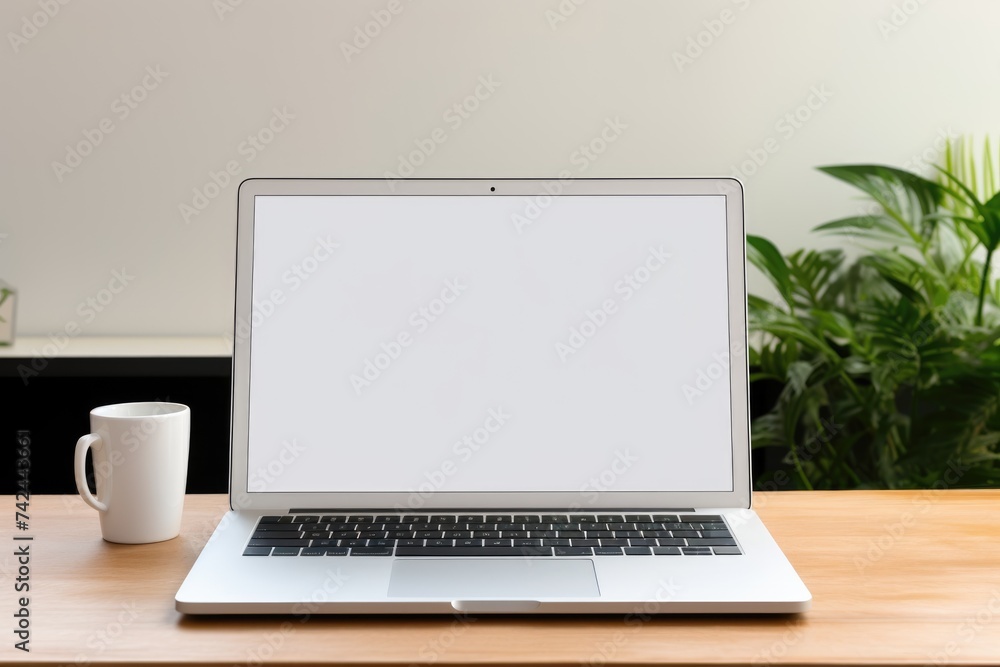 Fototapeta premium Advertise media branding with a blank white laptop screen mockup. Media communication technology, network browsing concept, copy space. Mock up in business for advertising, marketing