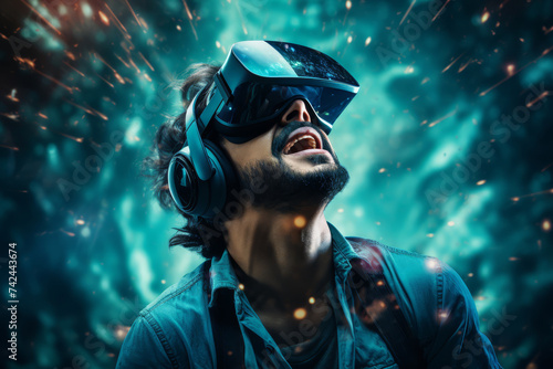 A man wearing a VR headset is immersed in a virtual explosion of lights and colors, expressing amazement..