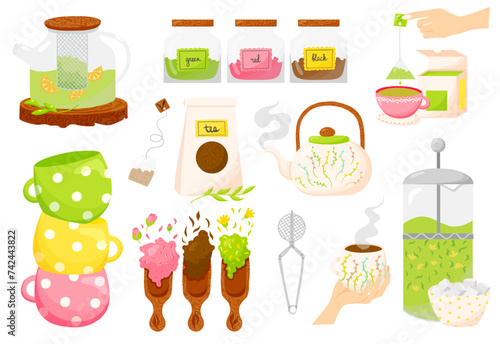 Tea set of vector illutrations. Tea types. Cups of tea design kettle, tea ceremony