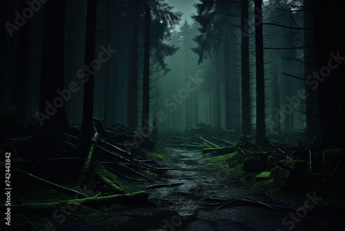 Gloomy and dark forest path in thick fog. Generated by artificial intelligence
