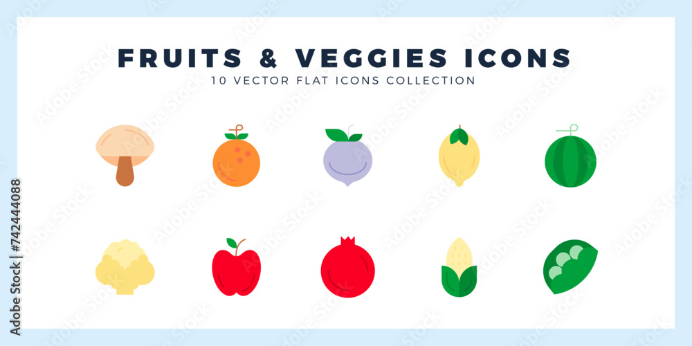 10 Fruit and Veggies Flat icon pack. vector illustration.