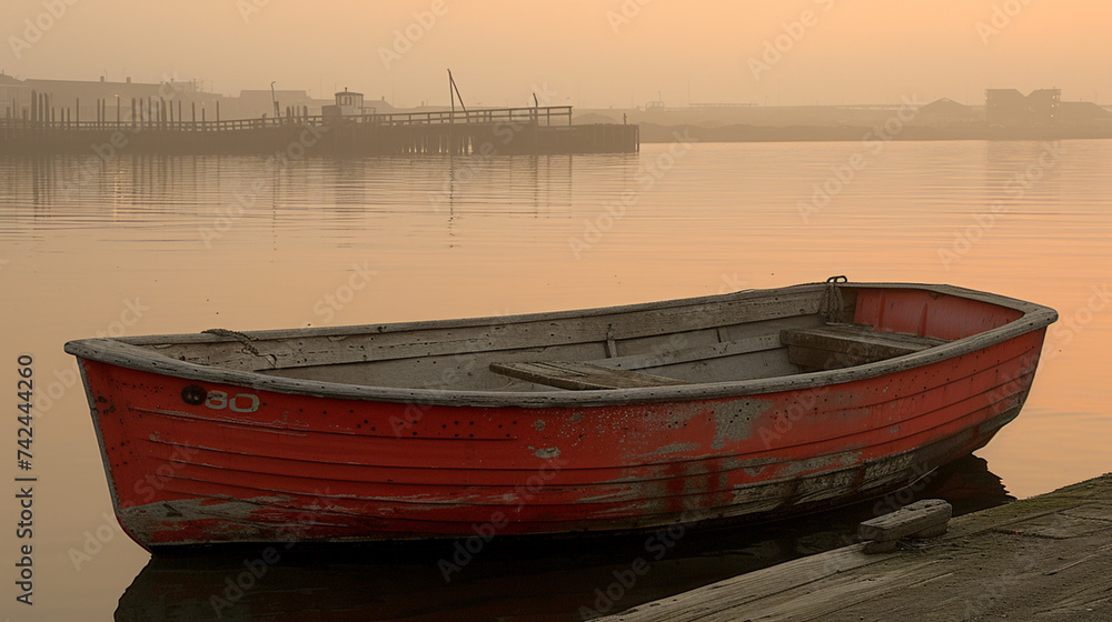Naklejka premium Fishing boat on the pier at sunrise in the city
