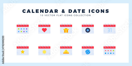 10 Calendar and Date Flat icon pack. vector illustration.