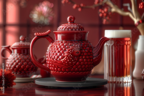 Chinese style red porcelain teapot on red festive background. Pottery and tea ceremony concept. Aesthetic design subject shot for decor, poster, banner, card, flyer photo