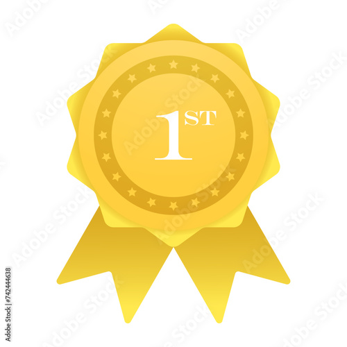 Gold medal with ribbons for winners. Prizes, competitions, badge, win, sports, Olympics, honorable first place, second, third, stars, award, trophy, nomination. Vector illustration