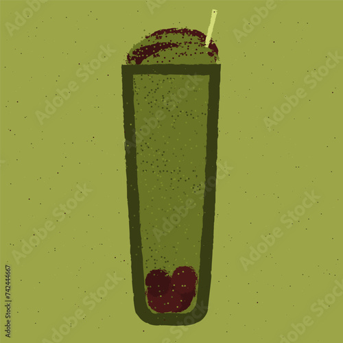 Green cocktail with chocolate. Bubble tea. Smoothie in high glass. Whipped food. Alcohol drink for bar. Cold soft liquid in tall glass. Non-alcoholic beverage. Flat vector illustration with texture