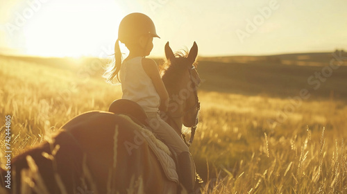 A cute little girl riding a horse in a horseback riding therapy session in a field during sunset © myboys.me