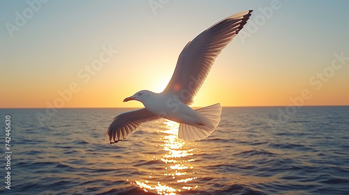 Seagull flying over the sea at sunset. © bahadirbermekphoto