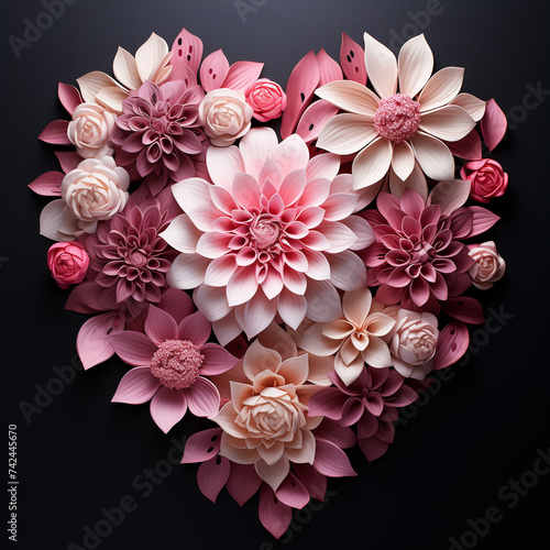 A heart made of flowers. Romantic symbol for Valentines Day and Mother's Day. Roses arranged in a heart shape, banner, landscape, Valentine's Day love theme with copy space © Sveta