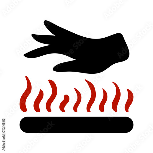 Hand with hot surface. Caution, dont touch, scalding, threat of burning, fire, heat, heating, warning sign, prevention, be careful, scorge, singe, sting, burn. Vector illustration