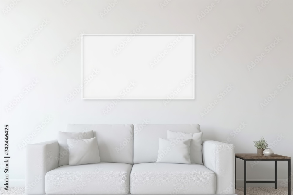 Blank Canvas on Wall in Modern Living Room. White canvas mockup on a clean wall above a cozy couch, in a minimalist living room. Blank Canvas on Wall in Modern Living Room. White canvas mockup on a clean wall above a cozy couch, in a minimalist living room.
