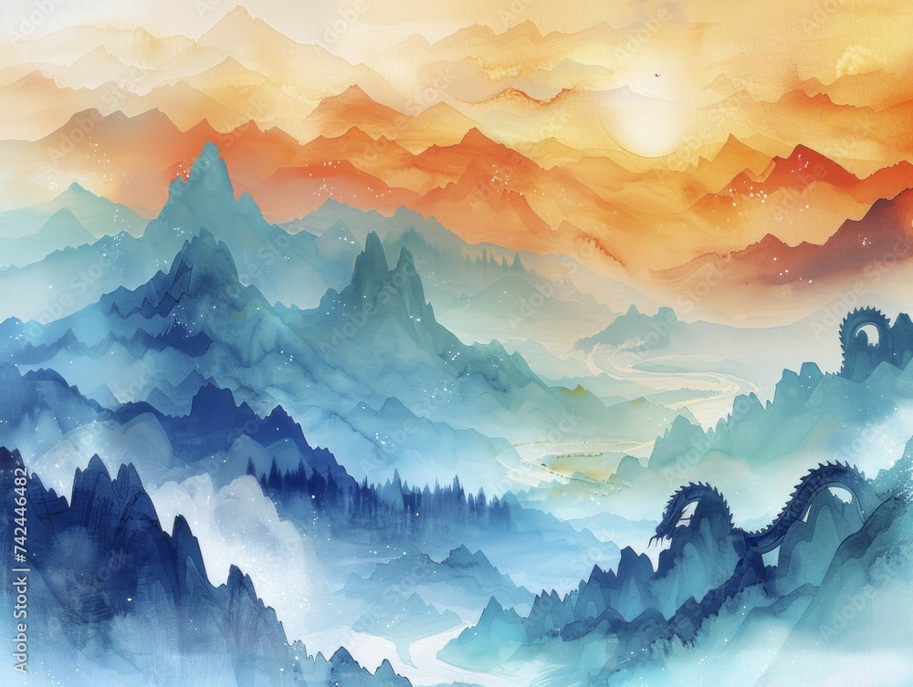 Misty mountains, hidden dragon silhouette among clouds, watercolor fantasy