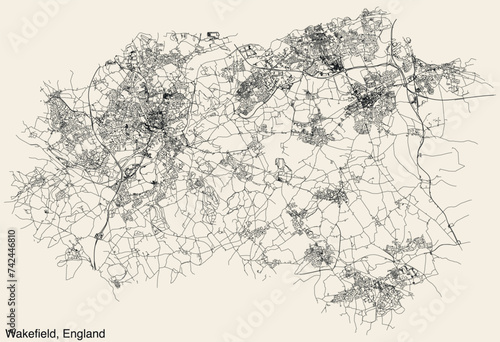 Detailed hand-drawn navigational urban street roads map of the United Kingdom city township of WAKEFIELD, ENGLAND with vivid road lines and name tag on solid background
