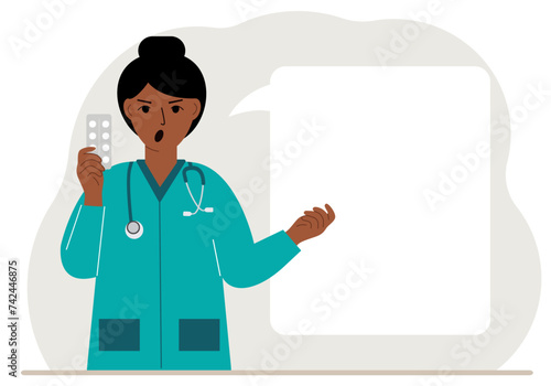 A female doctor holds pills in his hand. There is space for text next to it.