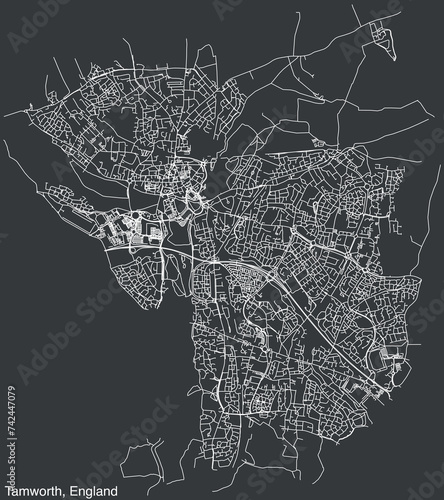 Detailed hand-drawn navigational urban street roads map of the United Kingdom city township of TAMWORTH, ENGLAND with vivid road lines and name tag on solid background