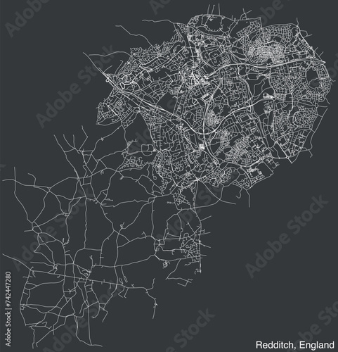 Detailed hand-drawn navigational urban street roads map of the United Kingdom city township of REDDITCH, ENGLAND with vivid road lines and name tag on solid background