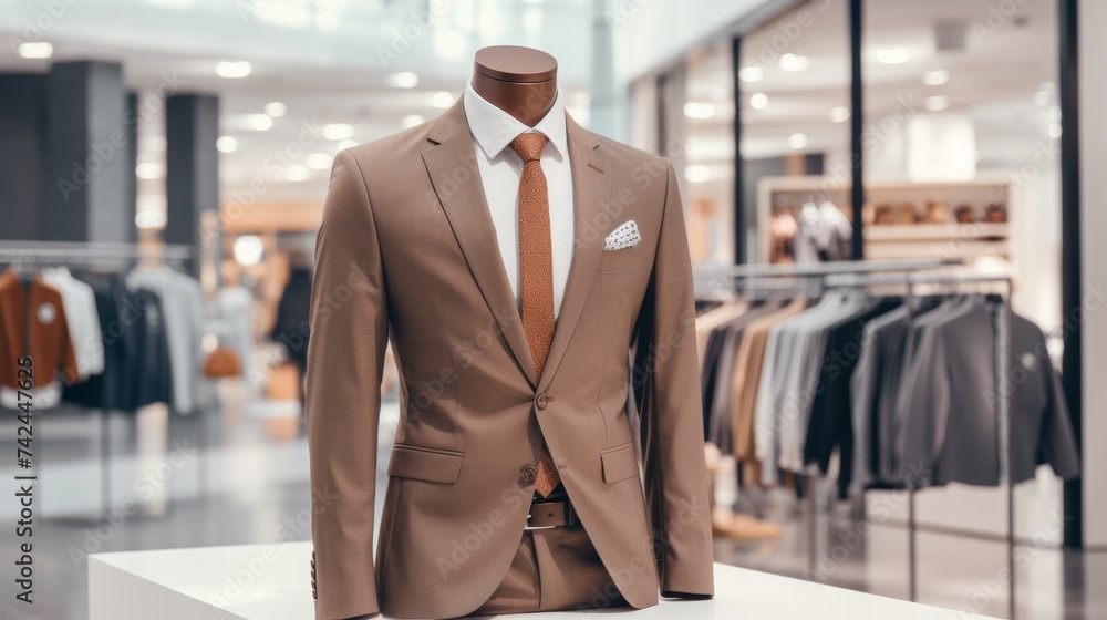 Fototapeta premium Luxurious designer suit display with copy space in upscale mall, exuding elegance and style