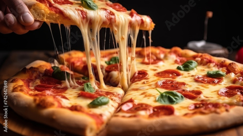 a person taking a slice of pizza on dark background,People taking pizza slices from the plate. Party, dinner, freshly baked pizza