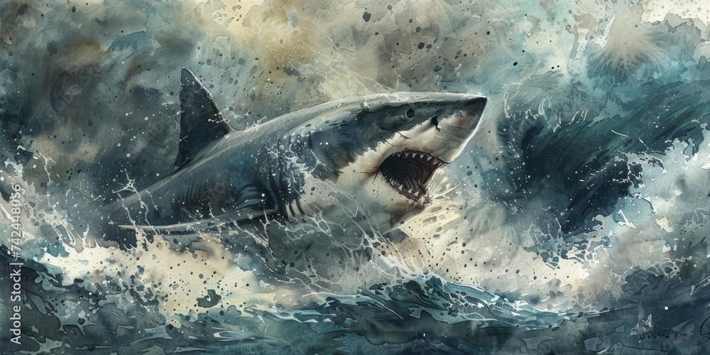 Fototapeta premium Seas in turmoil, silhouette of shark under waves, watercolor force