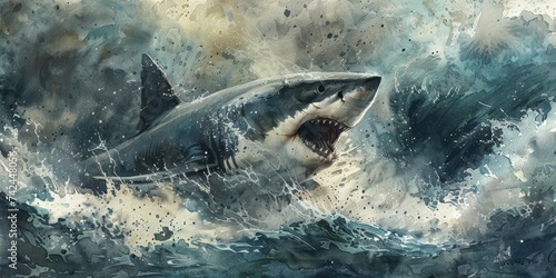 Seas in turmoil, silhouette of shark under waves, watercolor force