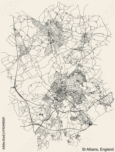 Detailed hand-drawn navigational urban street roads map of the United Kingdom city township of ST ALBANS, ENGLAND with vivid road lines and name tag on solid background