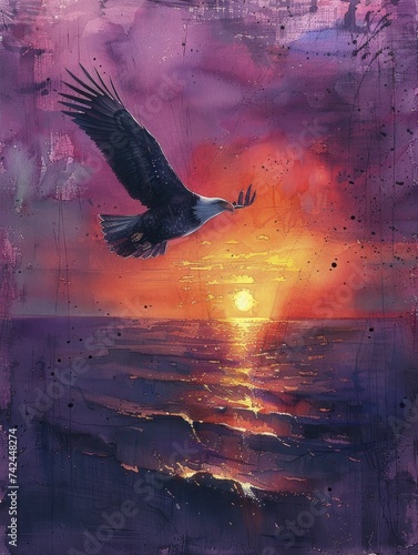 Evening cliffs scene, eagle flying silhouette, freedom depicted in watercolor