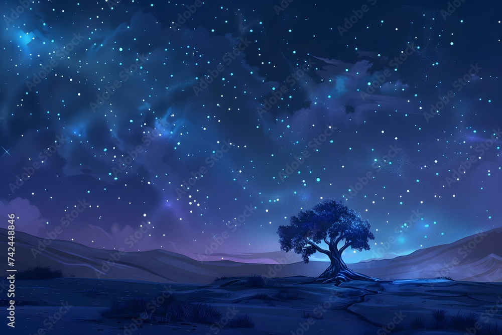 Fototapeta premium Night sky desolate landscape lonely tree shining stars peaceful solitude scene. Concept Night Sky, Desolate Landscape, Lonely Tree, Shining Stars, Peaceful Solitude