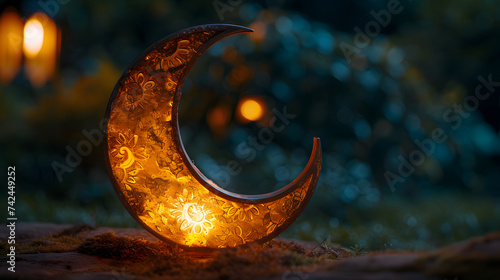 Crescent moon-shaped lantern glowing at night, symbolizing the sighting of the new moon for Eid. Festive and cultural celebration concept